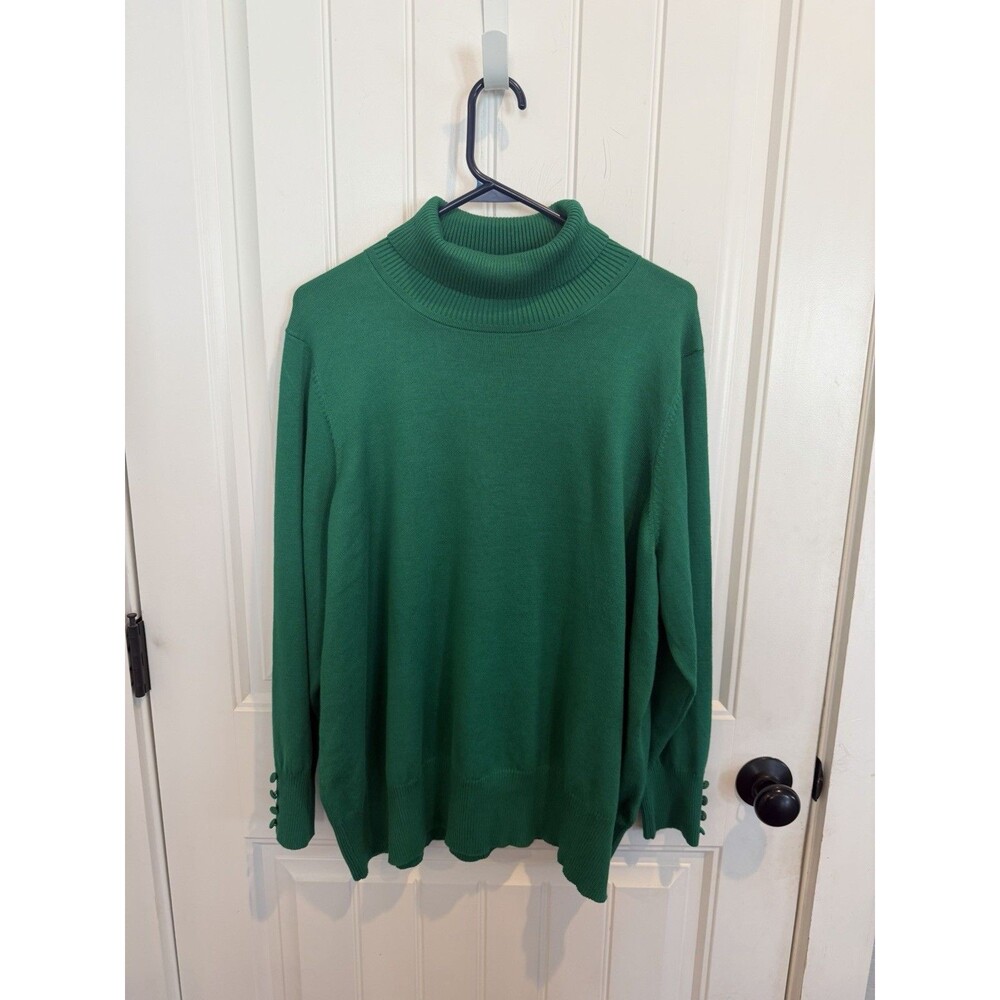 Retrology Women’s 3X Green Turtleneck Sweater Button Cuff Plus Size Pullover